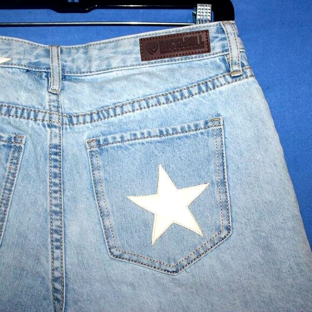 Rock & Roll Denim Star Distressed Denim Shorts Blue NWT